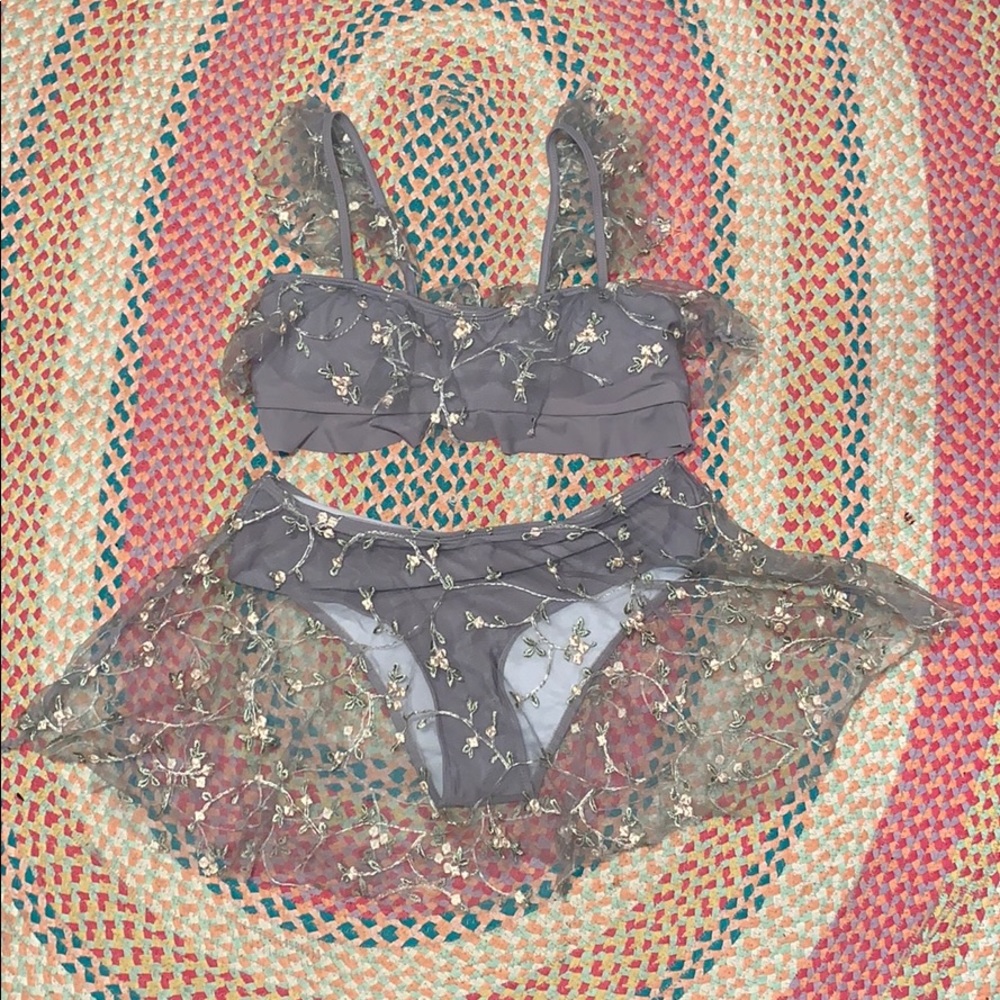 Sz L Shein Embroidered Floral High Waisted Bikini